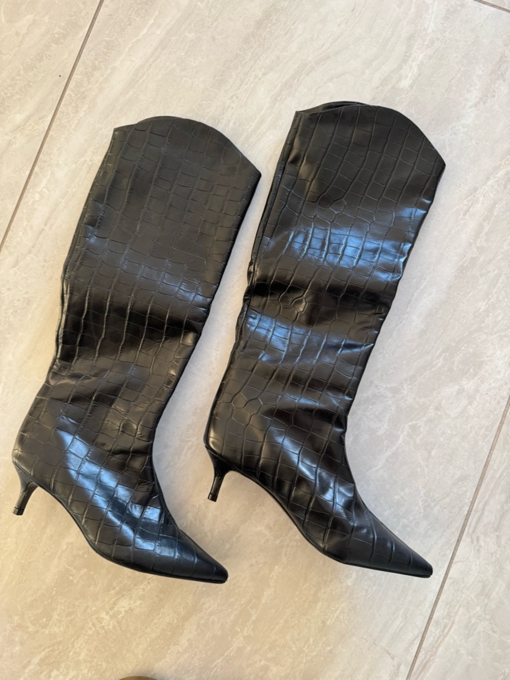 Black Schultz Croc-Embossed Pointed-Knee Boots - Picture 4 of 6